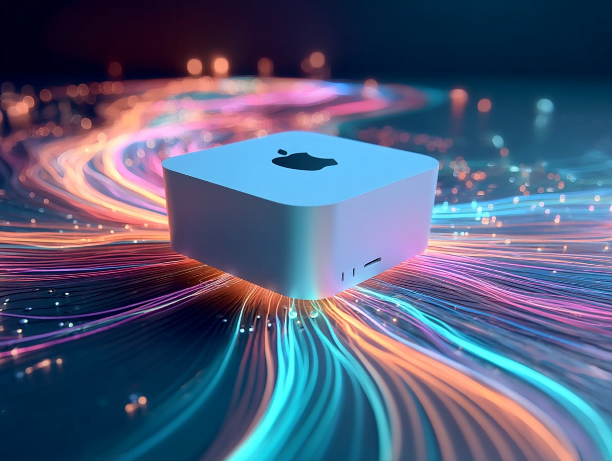 Mac Studio with luminous flowing light trails